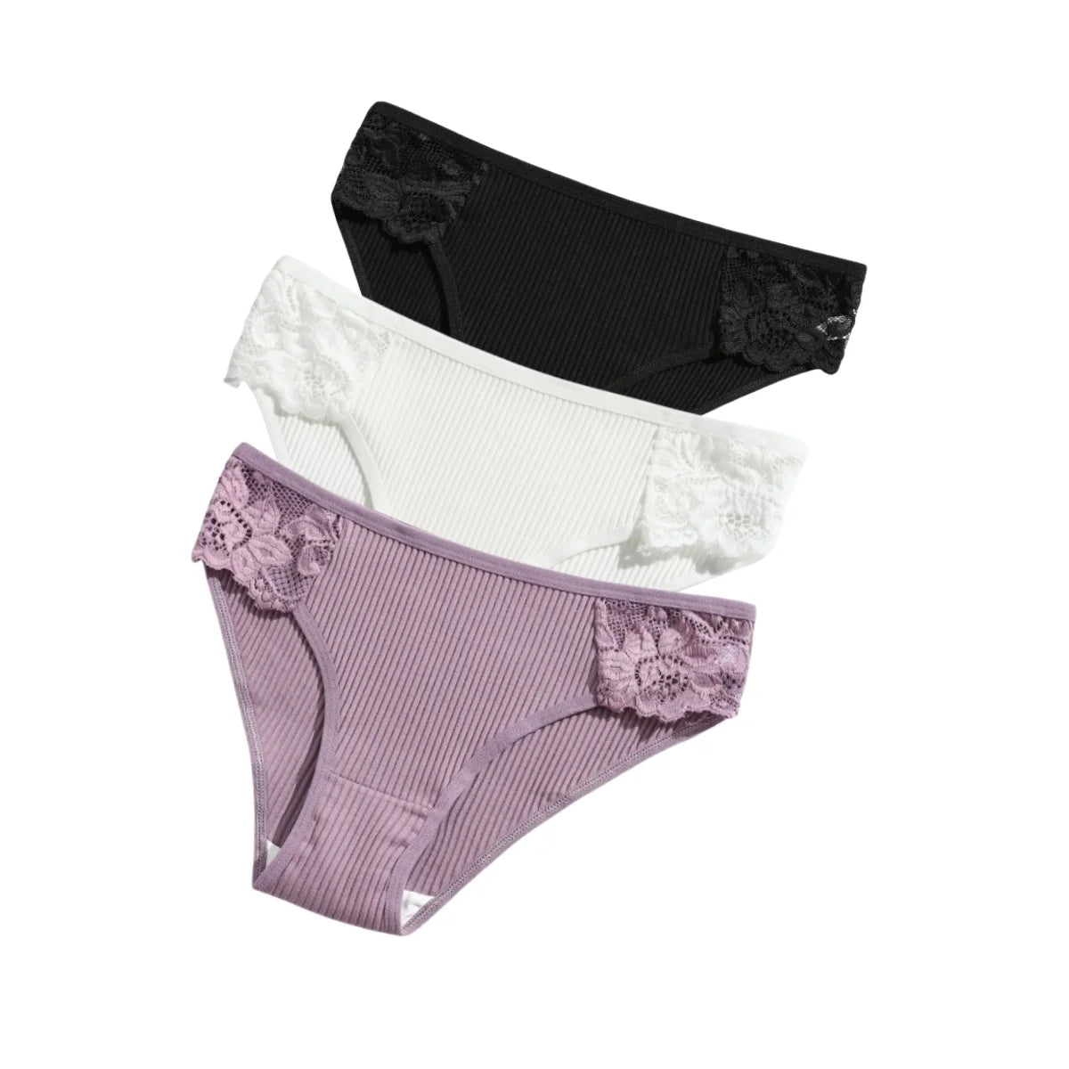 CowLost | product_id-3pcs-womens-cotton-lace-trim-low-rise-breathable-briefs-solid-panties |19