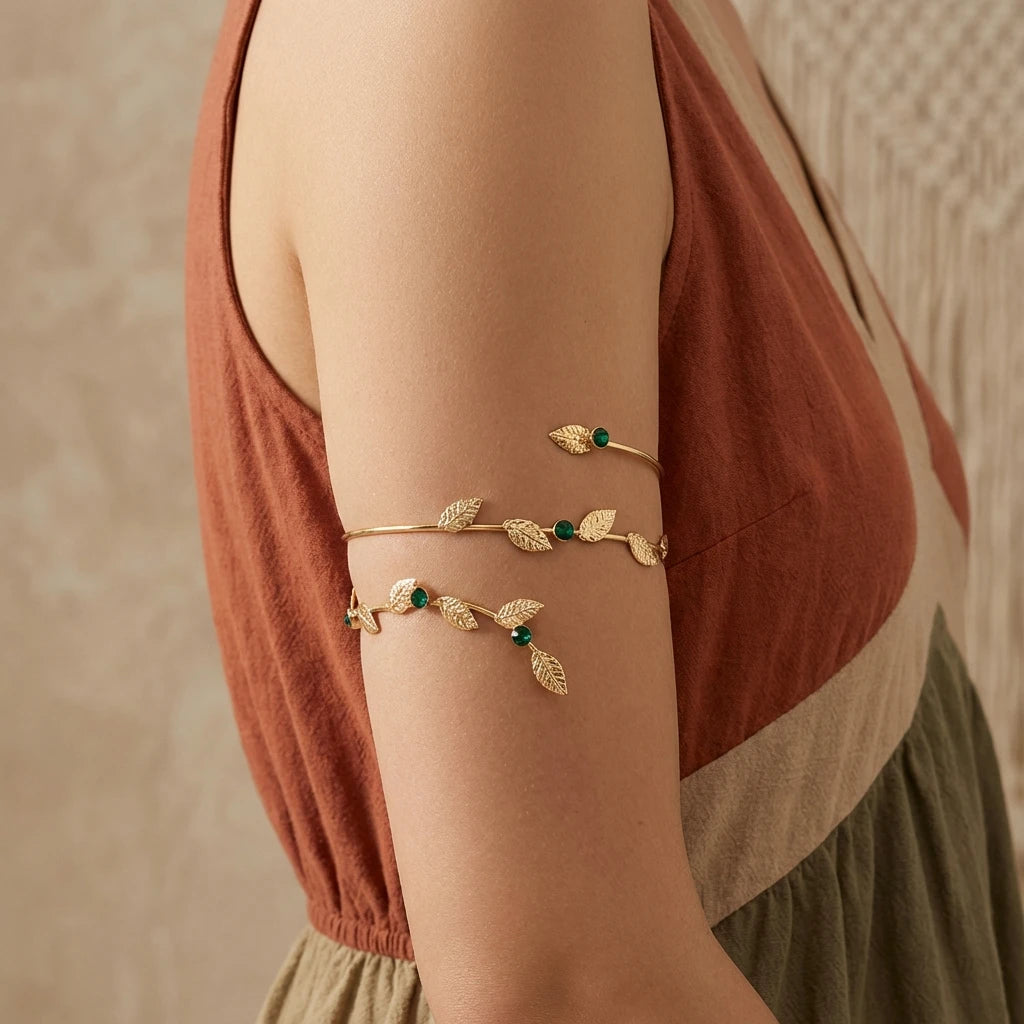CowLost | boho-gold-color-leaf-upper-arm-cuff-bracelet-for-women-vintage-crystal-green-zircon-adjustable-armlet-bangle-festival-jewelry |3