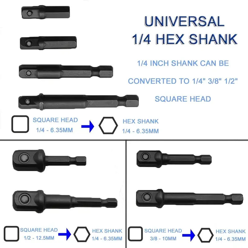 CowLost | 12pcs-impact-socket-adapter-set-25mm-73mm-1-4-hex-shank-extension-for-cordless-drill-quick-change-nut-driver-conversions |2