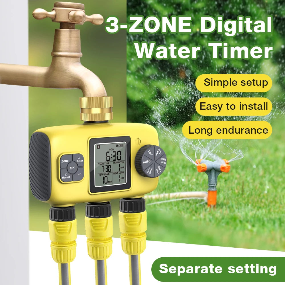 Intelligent 1-3 Zone Automatic Solar Water Timer Irrigation Controller for Garden Lawn