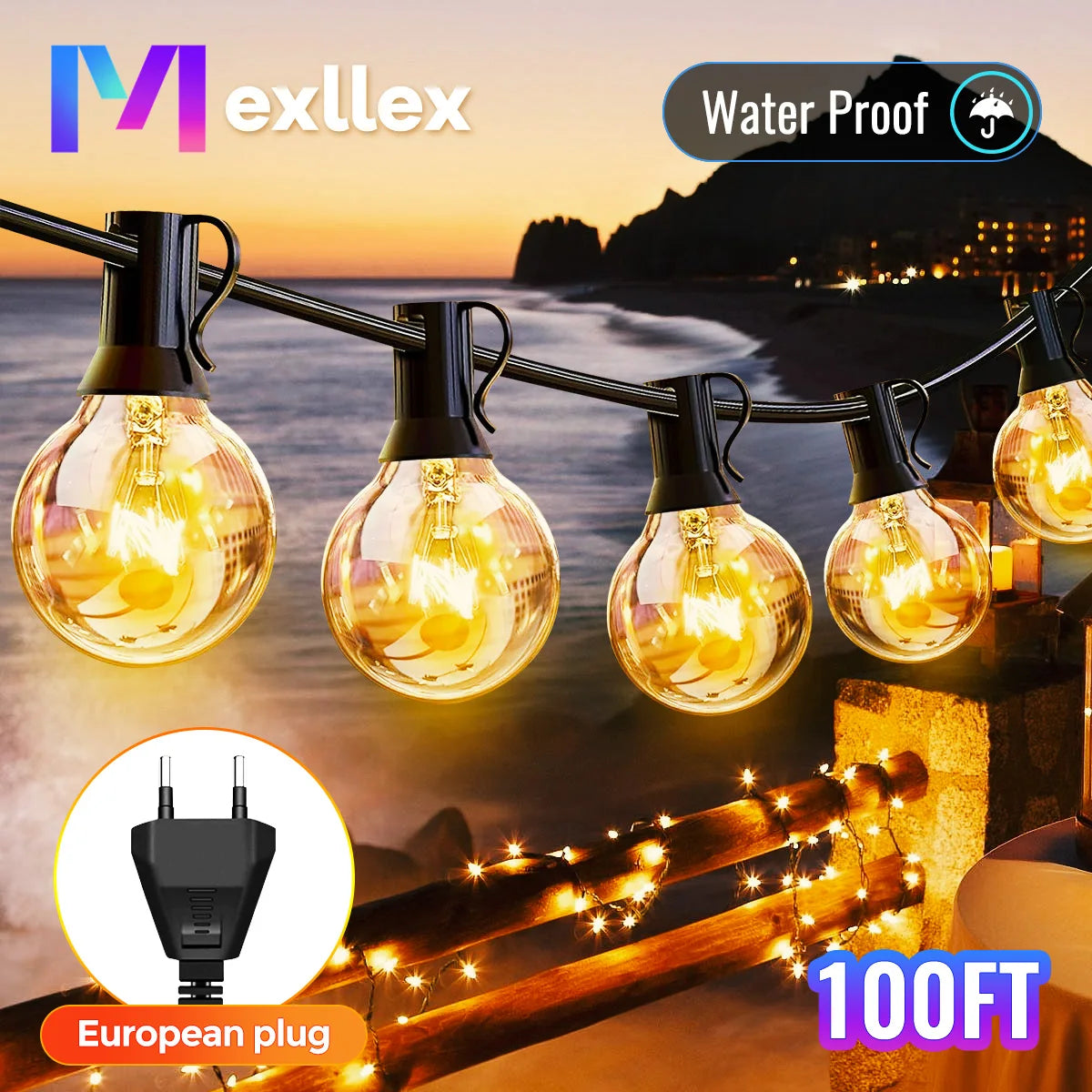 15M G40 Tungsten Outdoor String Lights, IP65 Waterproof, 220V Connectable Garland for Patio Porch Party Decor