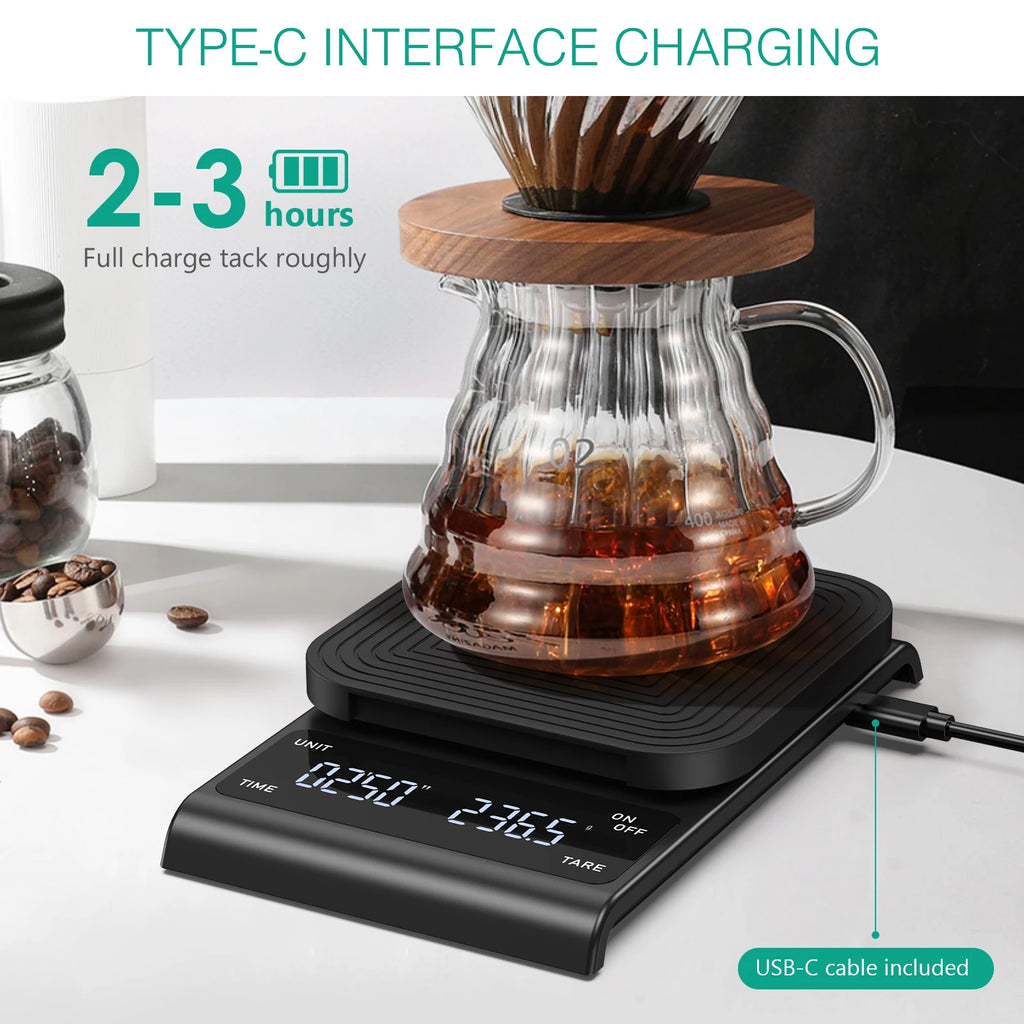 Digital Coffee Scale 3kg/0.1g Rechargeable Drip Espresso Scale with Timer for Kitchen