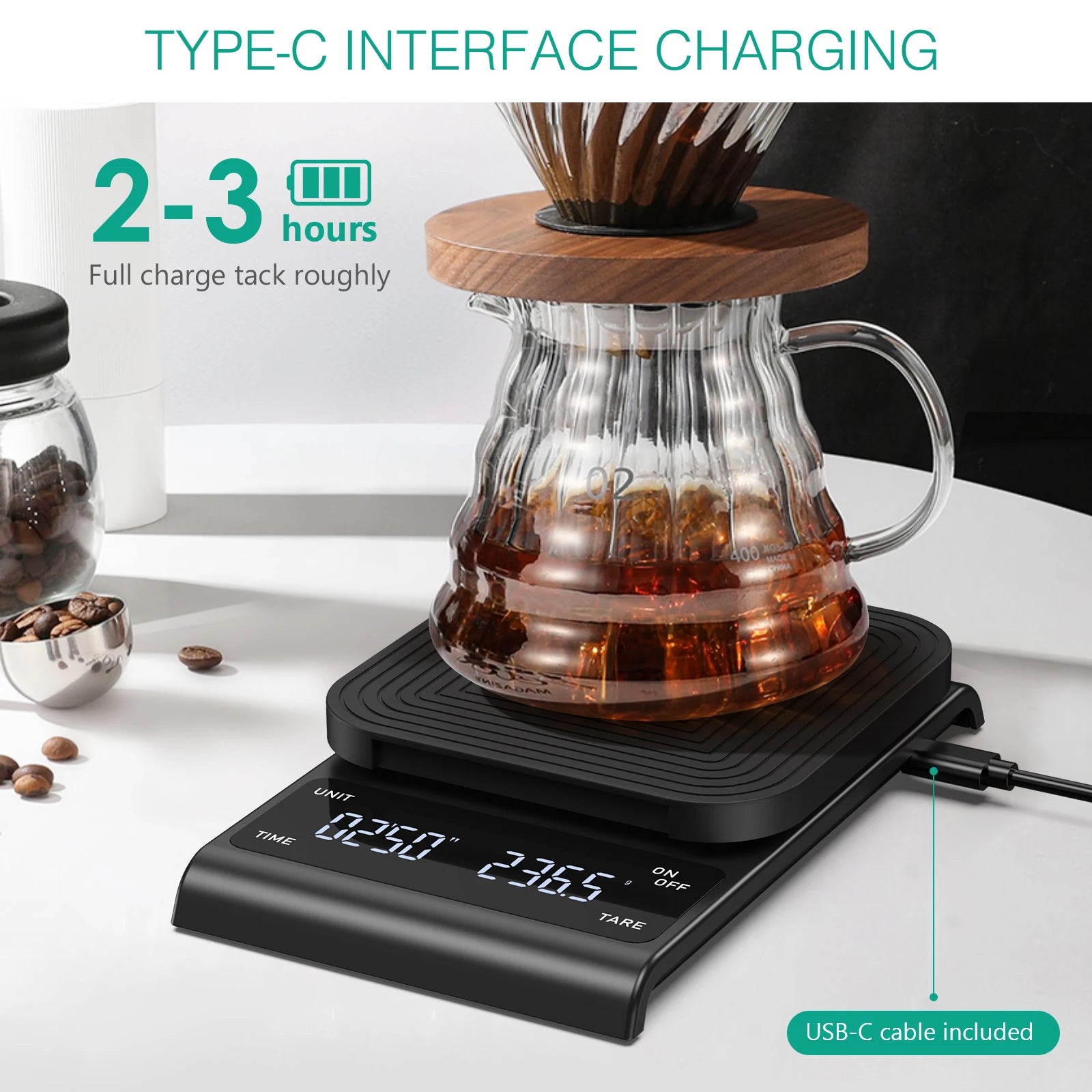 Digital Coffee Scale 3kg/0.1g Rechargeable Drip Espresso Scale with Timer for Kitchen