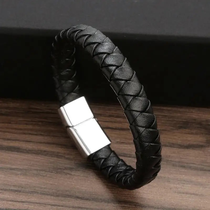 CowLost | badge-pass-holders-classic-mens-braided-leather-bracelet-with-magnetic-clasp |21
