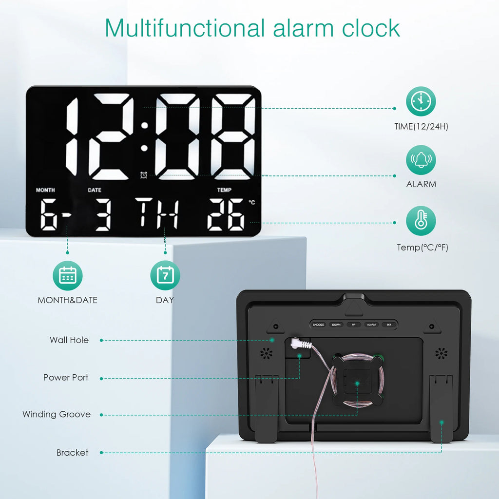 ORIA 11.5" Large USB Powered Digital LED Wall Clock with Calendar, 12/24H Time, Alarm, and Temp Display