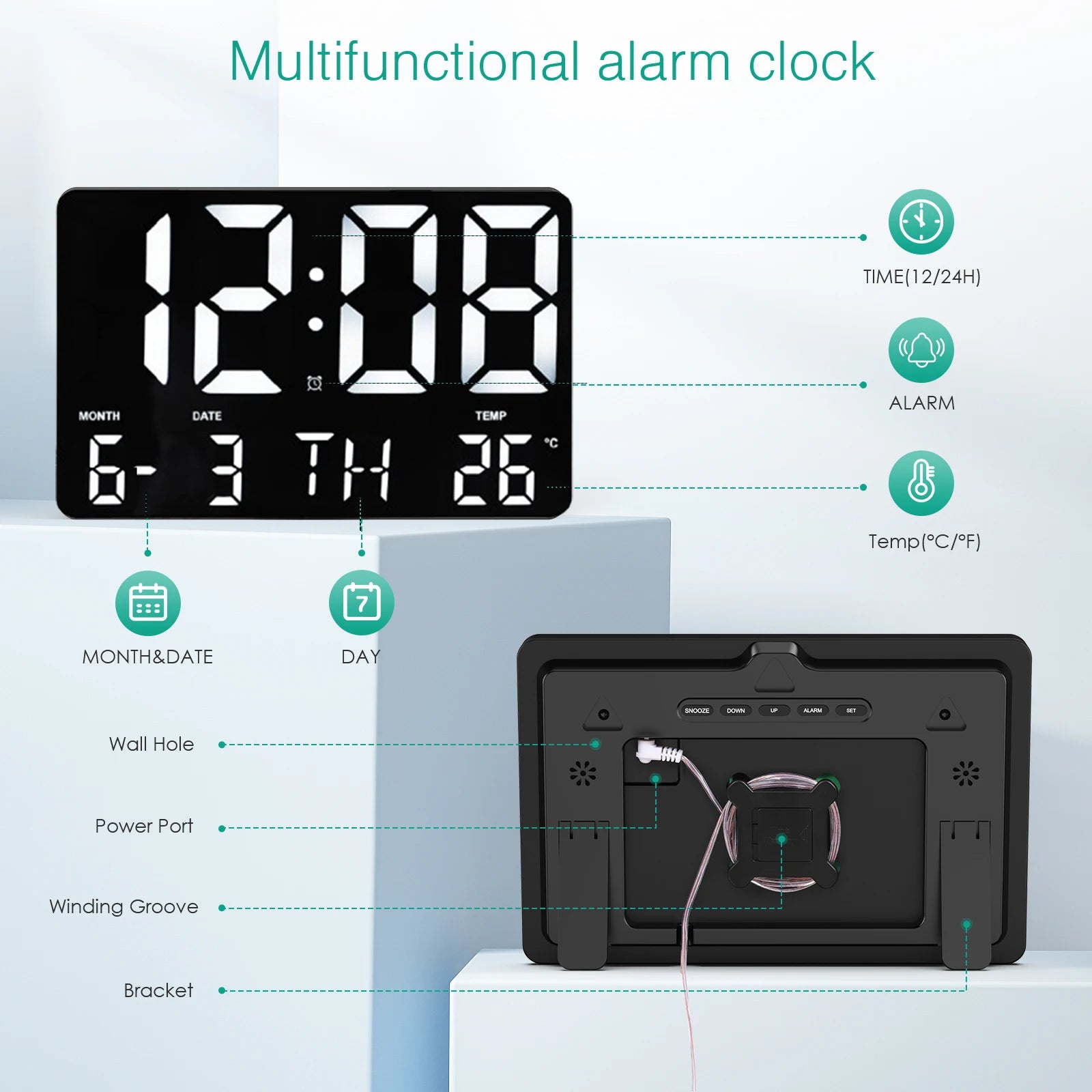 ORIA 11.5" Large USB Powered Digital LED Wall Clock with Calendar, 12/24H Time, Alarm, and Temp Display