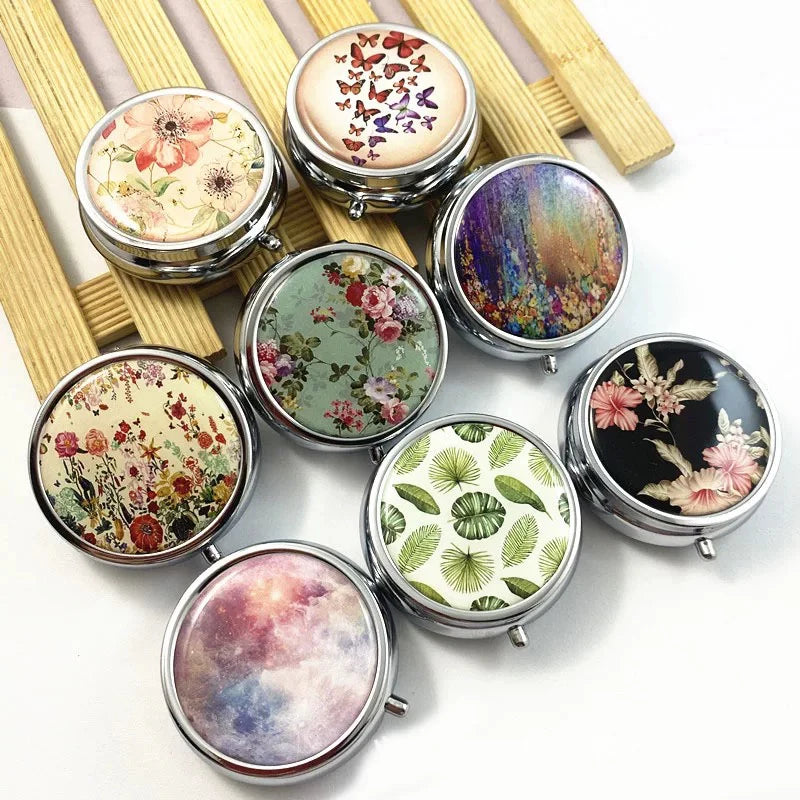 CowLost | product_id-portable-metal-round-medicine-storage-box-dispenser-with-natural-pattern-for-travel-and-camping |1