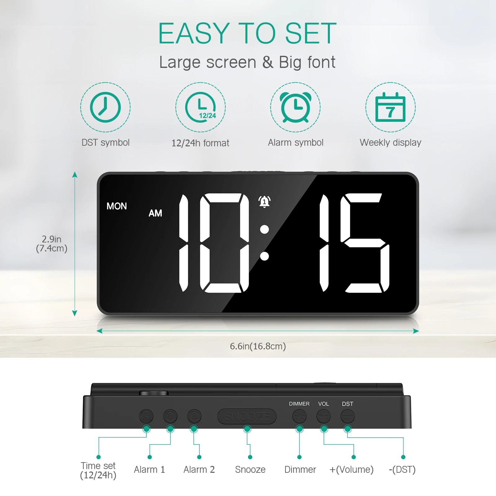 AMIR Digital Alarm Clock Large LED Display with 4 Alarm Modes, Snooze, DST, 12/24H for Bedroom & Office