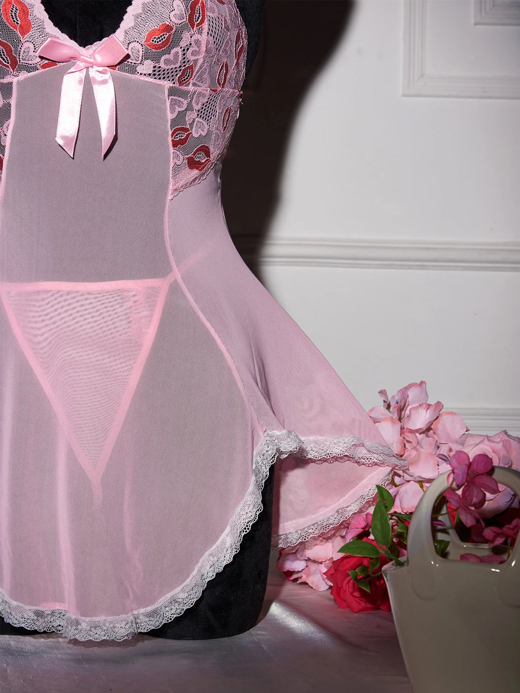 CowLost | pink-transparent-ultra-thin-hot-nightgown-womens-pajamas-with-thongs-lace |6