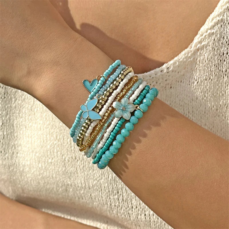 CowLost | 9-pcs-bohemian-beaded-bracelet-set-for-women-love-heart-butterfly-flower-pendant-colorful-beads |2