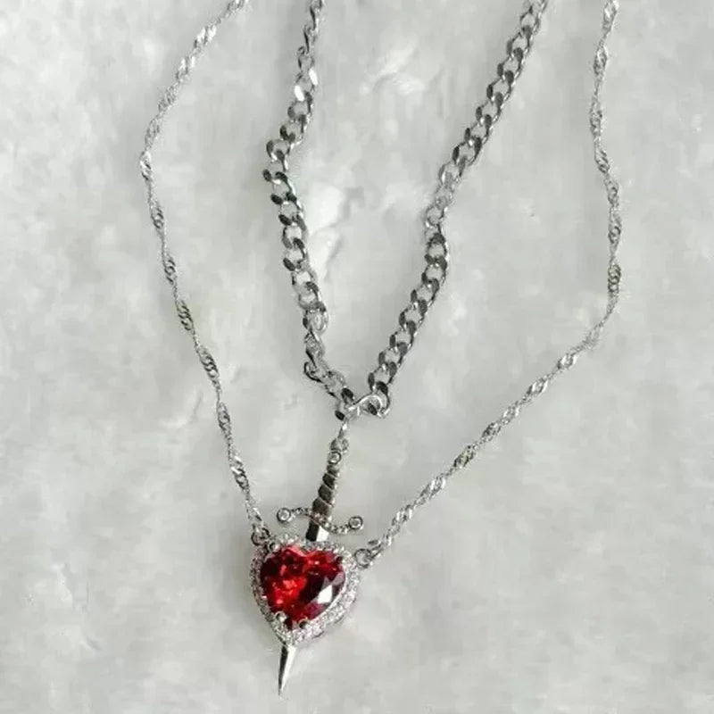 2pcs Heart and Sword Zircon Pendant Necklace for Couples Silver Gold Plated Choker