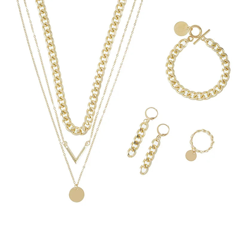 Vintage Multilayer V-Shaped 7-Piece Jewelry Set with Necklace, Earrings, Rings, and Bracelet