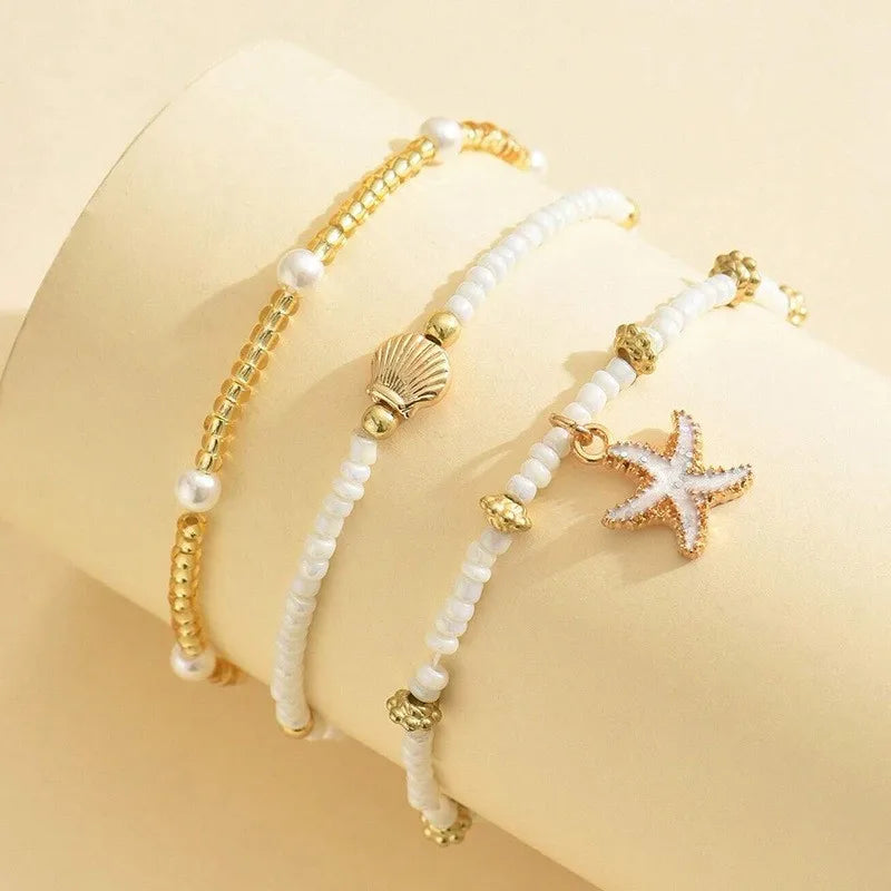 Bohemian Starfish Shell Millet Bead Three-Layer Anklet Set