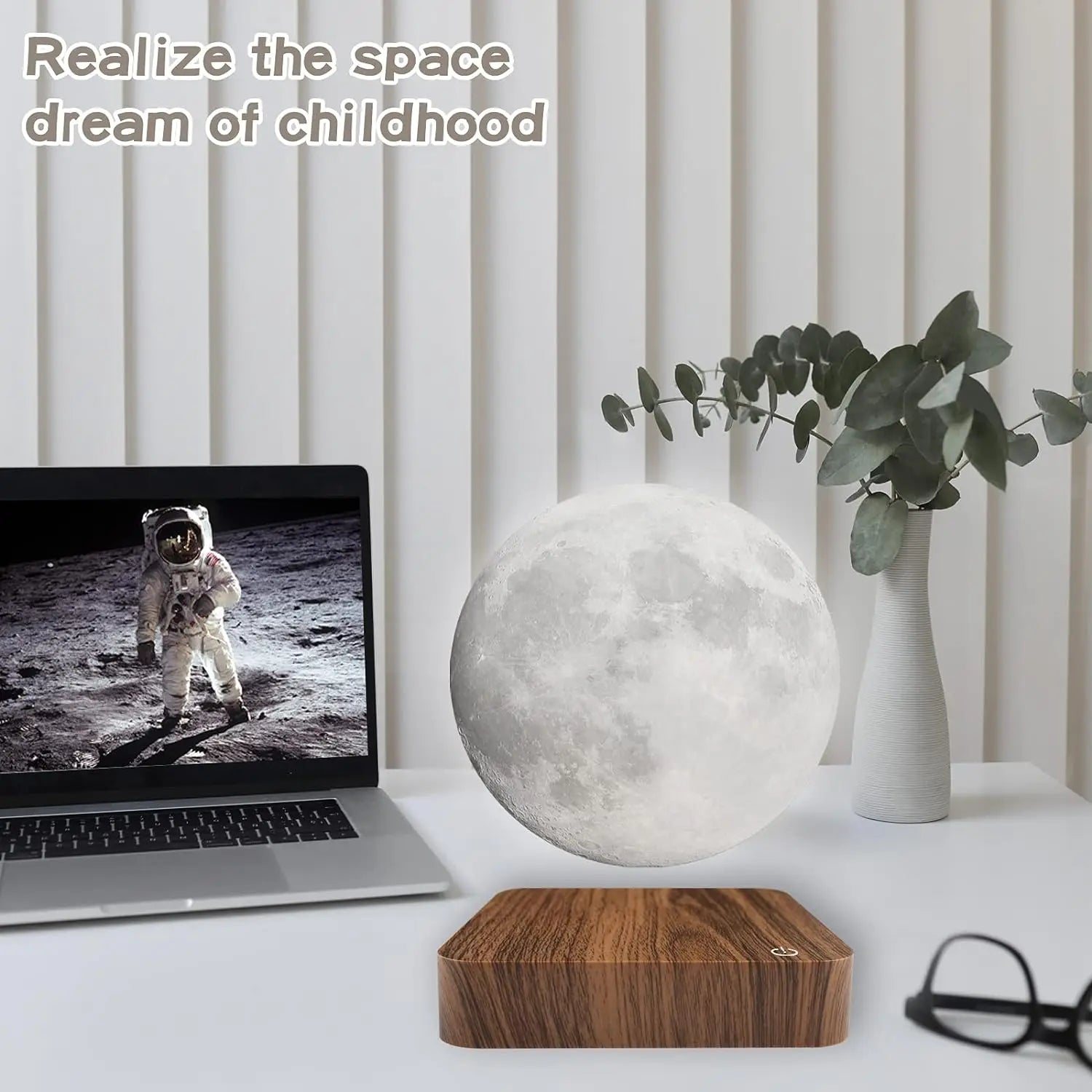 Levitating Moon Magnetic Floating 3D LED Night Light with Wooden Base, 3 Color Temperatures