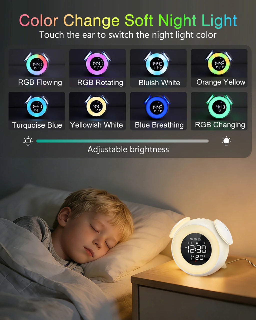 ORIA Kids Digital Alarm Clock with 9-Color Night Light and Dual Alarms for Toddlers
