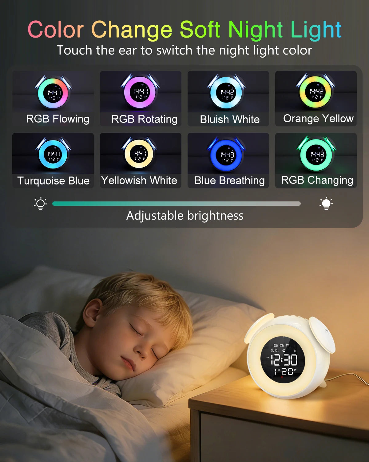 ORIA Kids Digital Alarm Clock with 9-Color Night Light and Dual Alarms for Toddlers