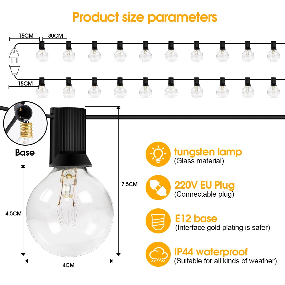 15M G40 Tungsten Outdoor String Lights, IP65 Waterproof, 220V Connectable Garland for Patio Porch Party Decor