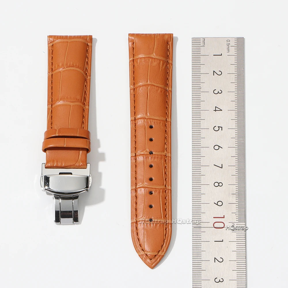 CowLost | product_id-genuine-calfskin-leather-watch-strap-16-24mm-black-with-brown-stitching-butterfly-buckle |9