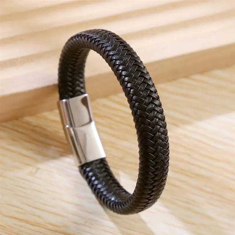 CowLost | badge-pass-holders-classic-mens-braided-leather-bracelet-with-magnetic-clasp |16