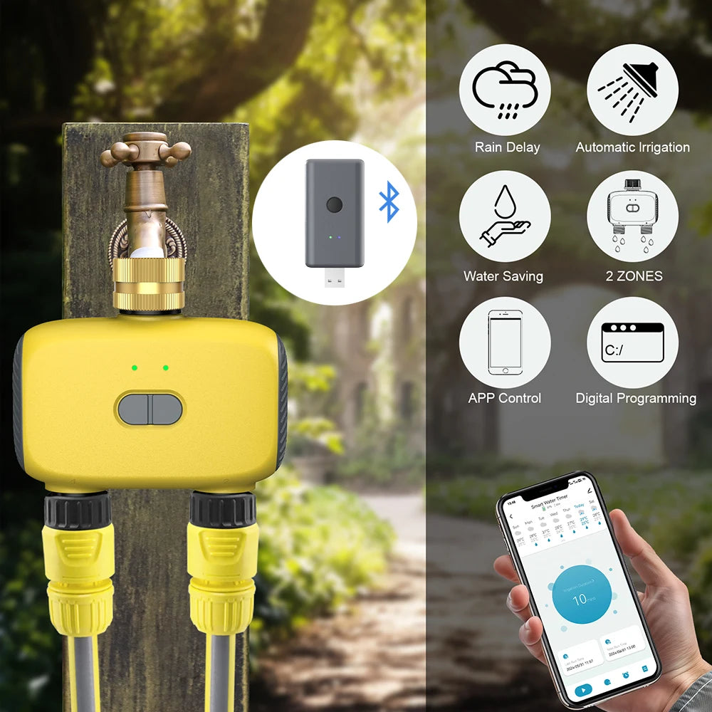Bluetooth 2-Zone WiFi Sprinkler Timer IP55 Waterproof Garden Irrigation Controller 3/4" Faucet Timer