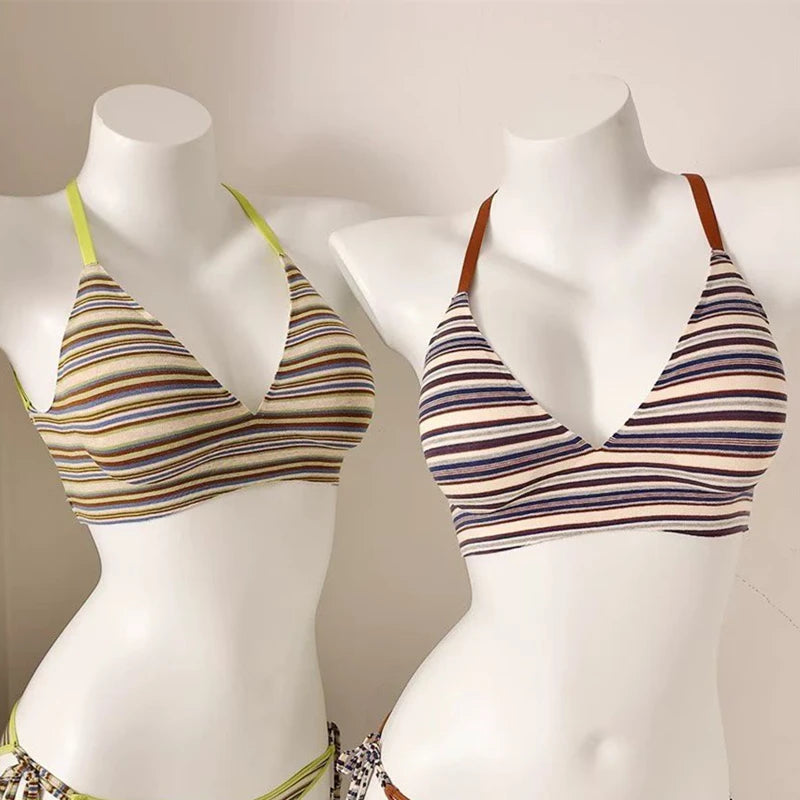 CowLost | retro-striped-cross-beautiful-back-seamless-womens-underwear-sexy-hot-girl-vacation-small-breast-push-up-bra |4