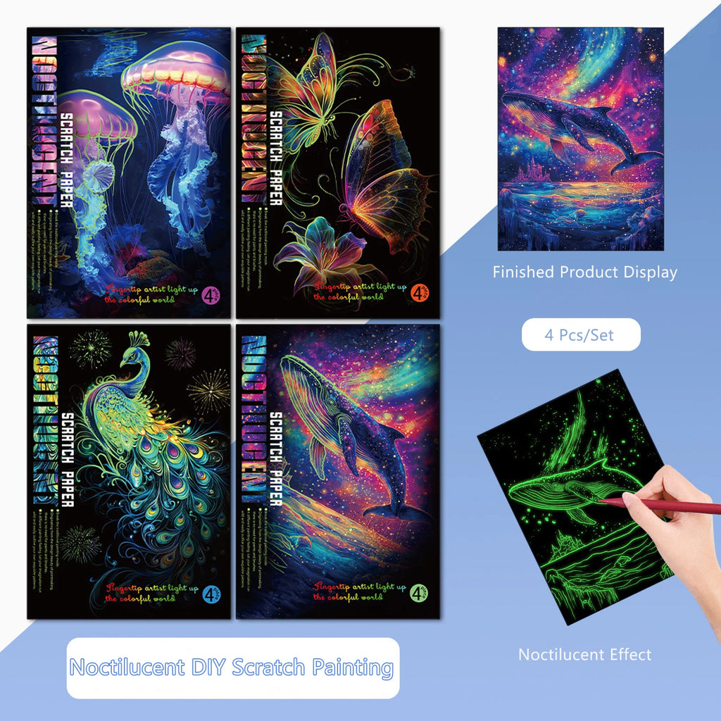 CowLost | product_id-4-piece-a4-diy-noctilucent-scratch-painting-set-sea-world-butterfly-peacock-whale-designs |1