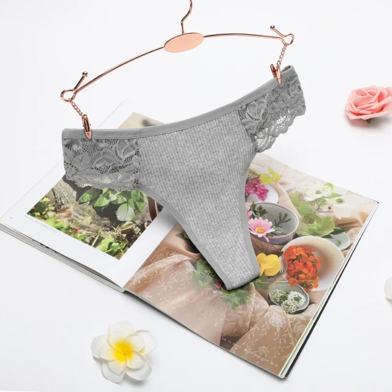 CowLost | product_id-4pcs-women-s-cotton-low-waist-lace-trim-solid-color-g-string-thongs-set |3