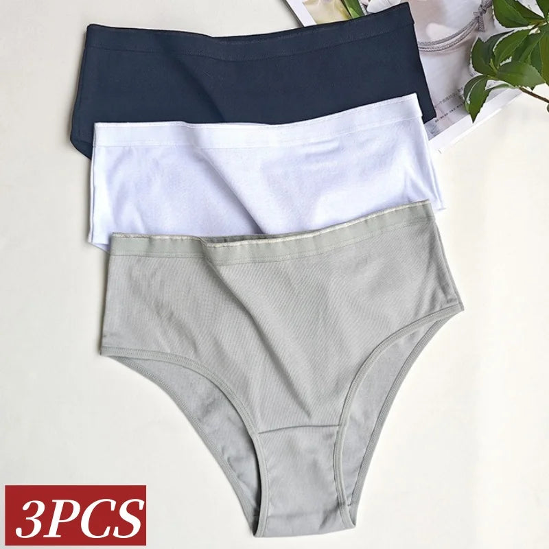 CowLost | product_id-3pcs-women-high-waist-cotton-stretch-briefs-solid-colors-s-l |2