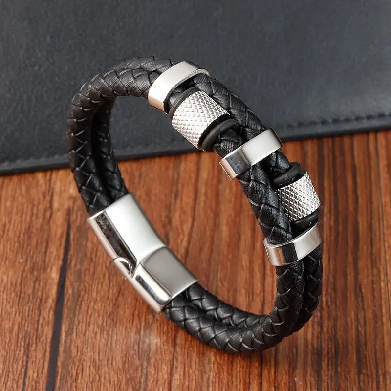 CowLost | badge-pass-holders-jiayiqi-punk-stainless-steel-leather-bracelet-for-men-with-irregular-beads |9