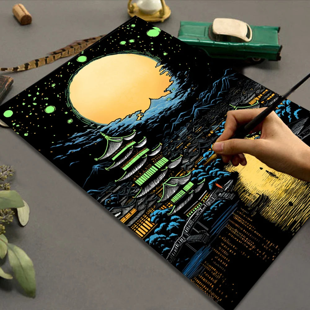 CowLost | product_id-a3-diy-noctilucent-scratch-painting-kit-castle-starry-cat-dolphin-landscape-night-scenes |13