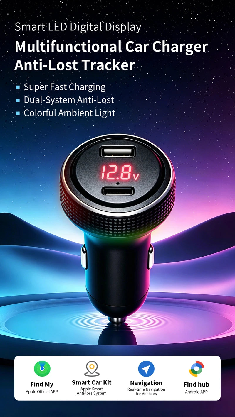 CowLost | product_id-car-charger-with-find-my-tracker-battery-voltage-display-ambient-light-pd-fast-charge-usb-c-for-ios-android |7