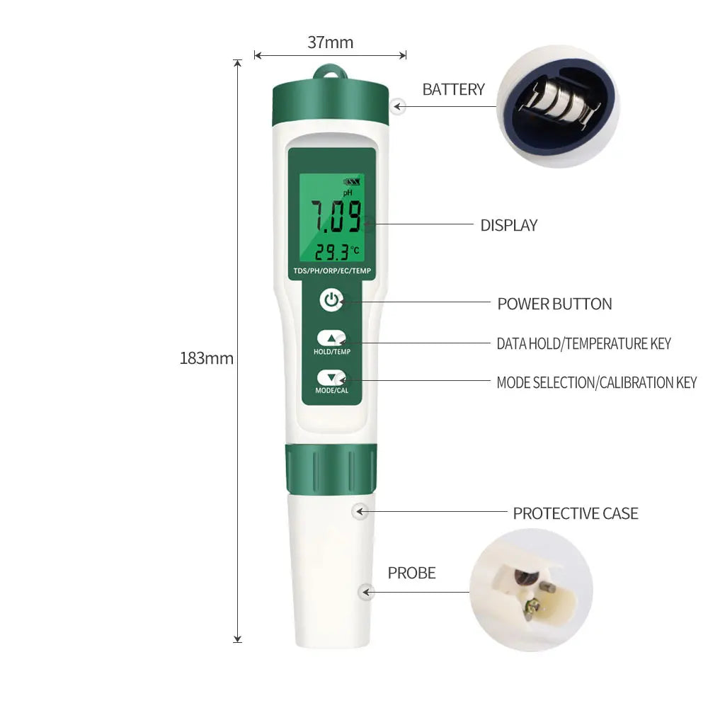 5-in-1 Digital pH TDS EC ORP Temperature Meter Portable Water Quality Tester