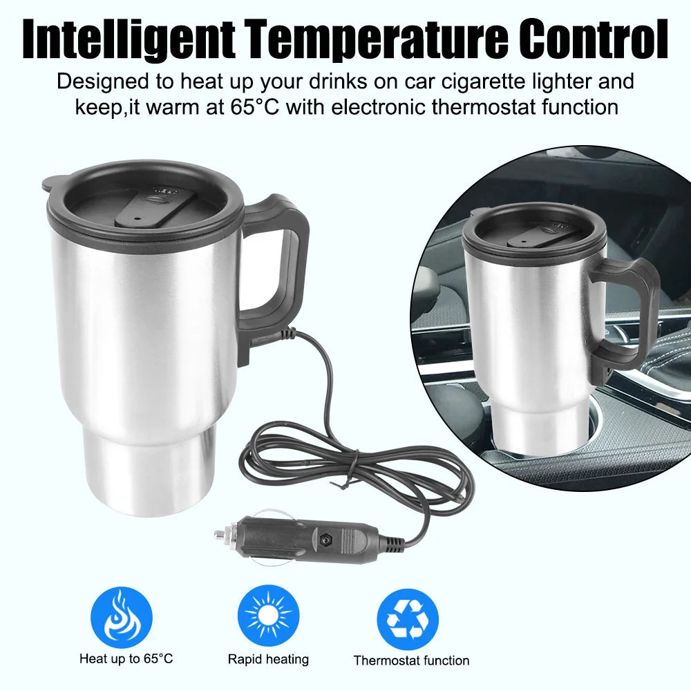 CowLost | stainless-steel-vehicle-heating-cup-12v-450ml-water-coffee-milk-thermal-mug-camping-travel-kettle-electric-heating-car-kettle |9