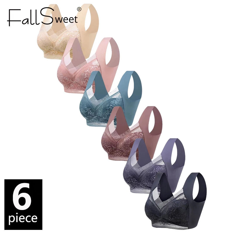 CowLost | product_id-fallsweet-6pcs-plus-size-wireless-lace-push-up-ice-silk-bralettes-for-women |1
