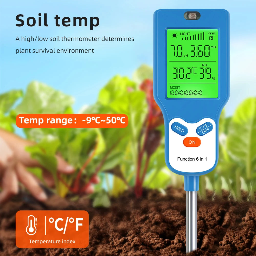 6-in-1 Soil Meter PH Moisture Temperature Light Humidity Fertility Tester LCD Rotate 90° for Garden Farm