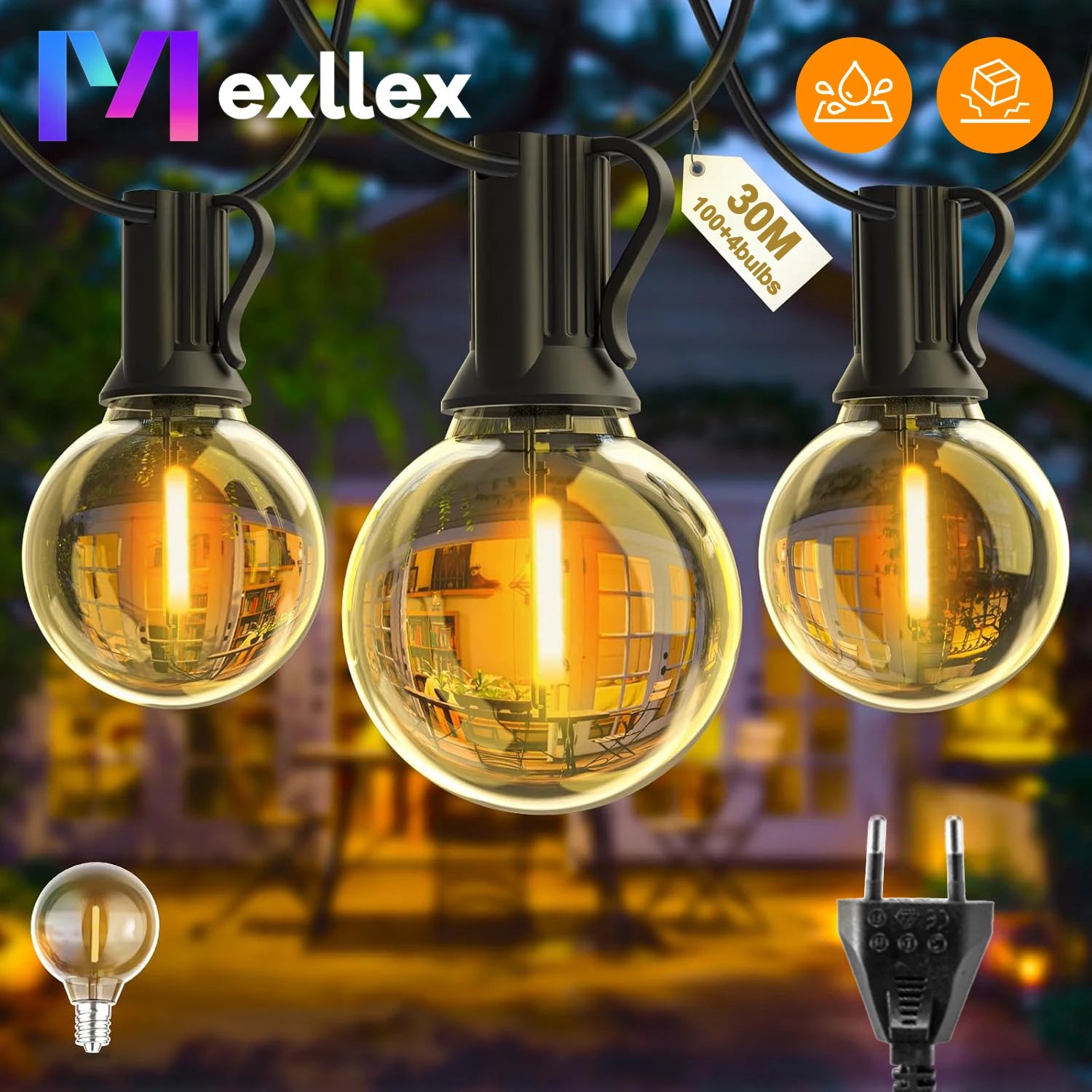 Mexllex G40 LED Globe String Lights Outdoor Waterproof Plug-In Garland Lamp for Christmas Party Garden Decor