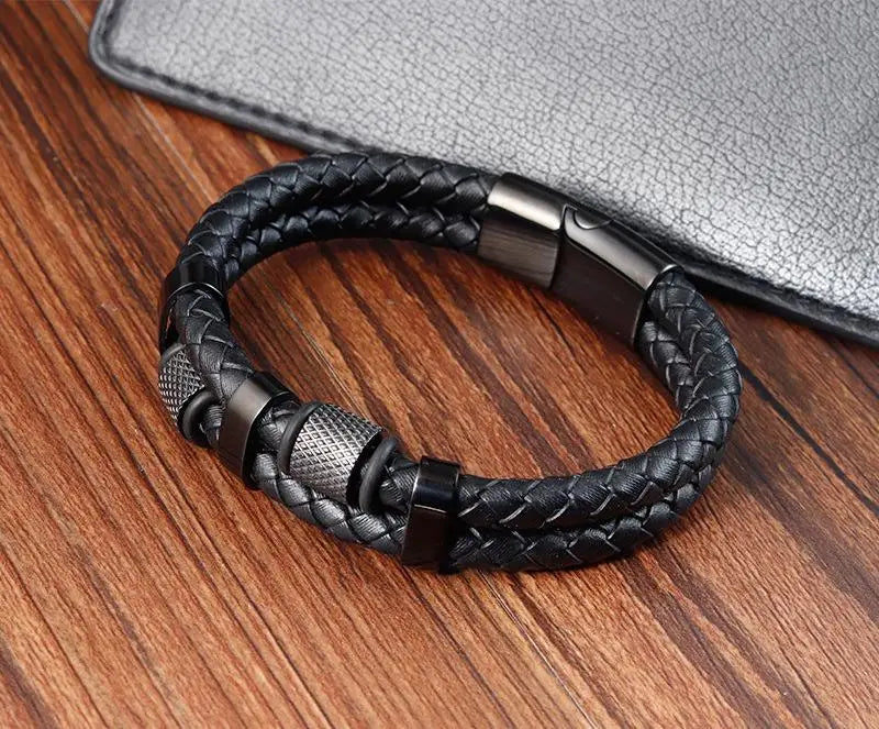 CowLost | badge-pass-holders-jiayiqi-punk-stainless-steel-leather-bracelet-for-men-with-irregular-beads |12
