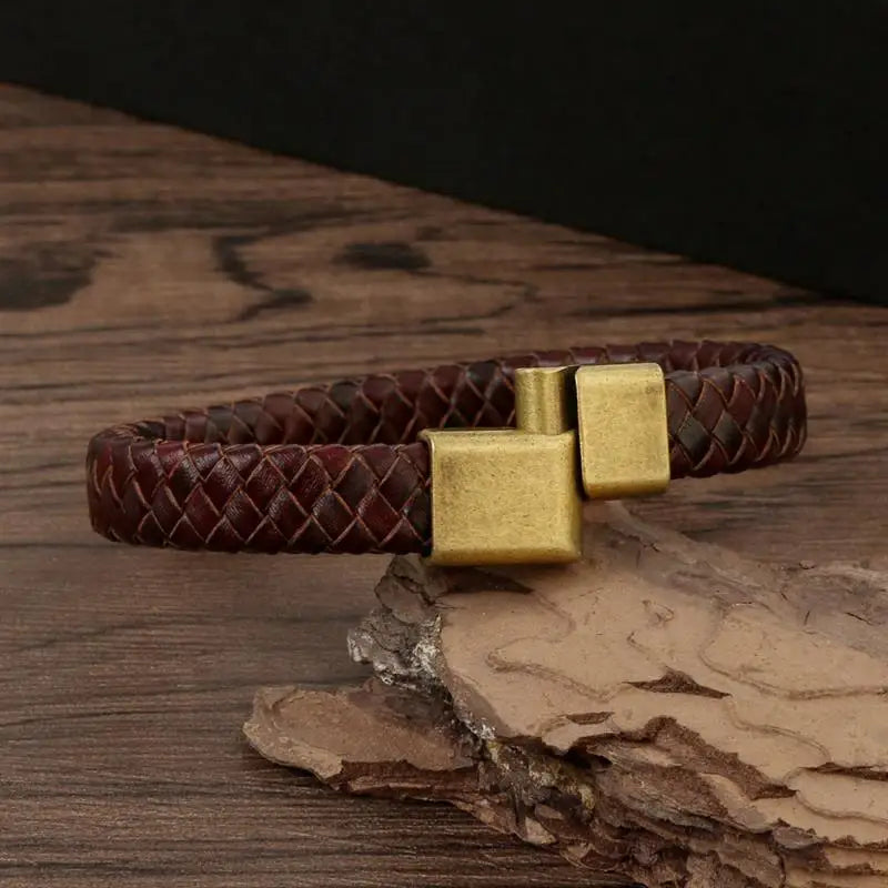 CowLost | badge-pass-holders-classic-mens-braided-leather-bracelet-with-magnetic-clasp |10
