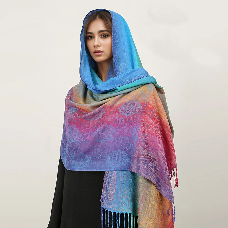 CowLost | rainbow-colors-winter-warm-thick-ethnic-style-jacquard-scarf |3
