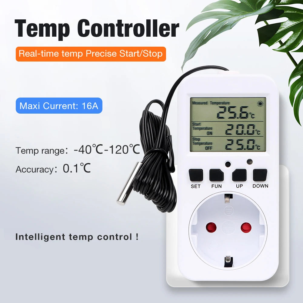 LCD Thermostat Timer Socket 16A EU Plug Temperature Controller with Alarm and Circulation Switch for Heating Cooling