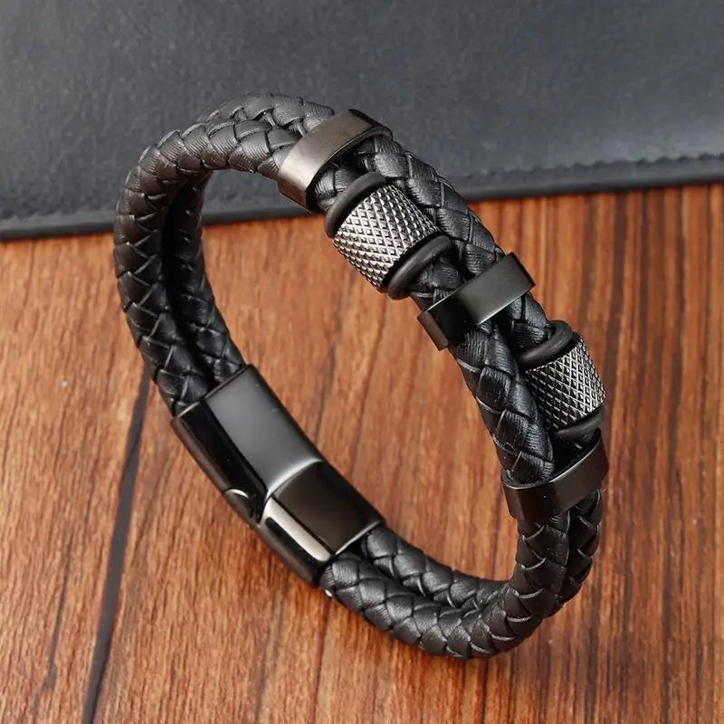 CowLost | badge-pass-holders-jiayiqi-punk-stainless-steel-leather-bracelet-for-men-with-irregular-beads |8