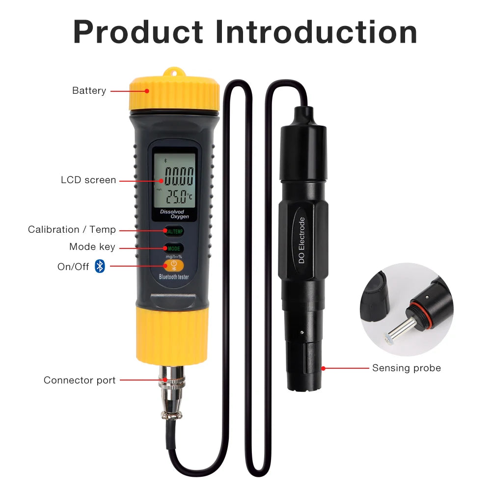 Bluetooth Digital Dissolved Oxygen Meter 0-20 mg/L DO Tester for Pool Hydroponics Aquaculture