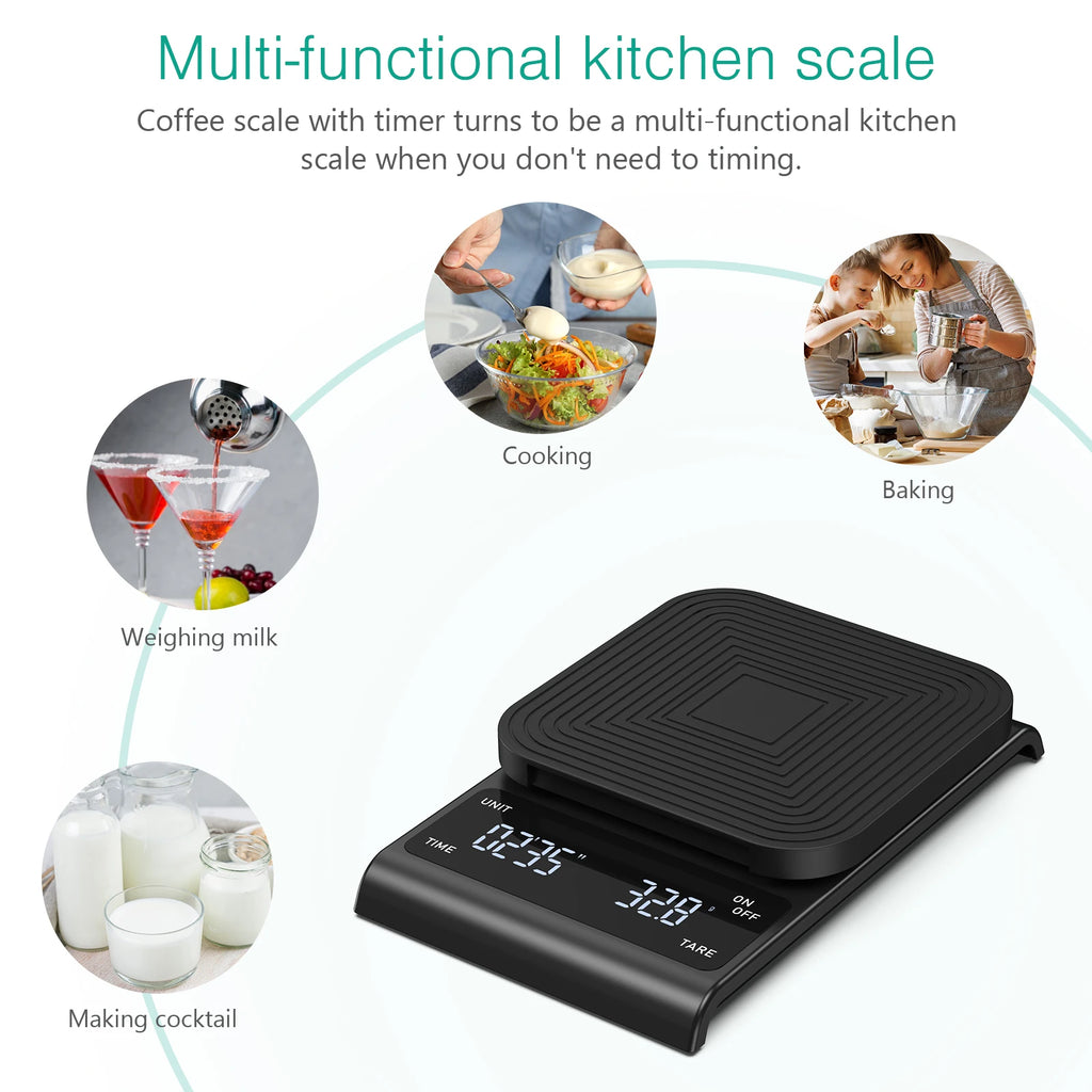 Digital Coffee Scale 3kg/0.1g Rechargeable Drip Espresso Scale with Timer for Kitchen