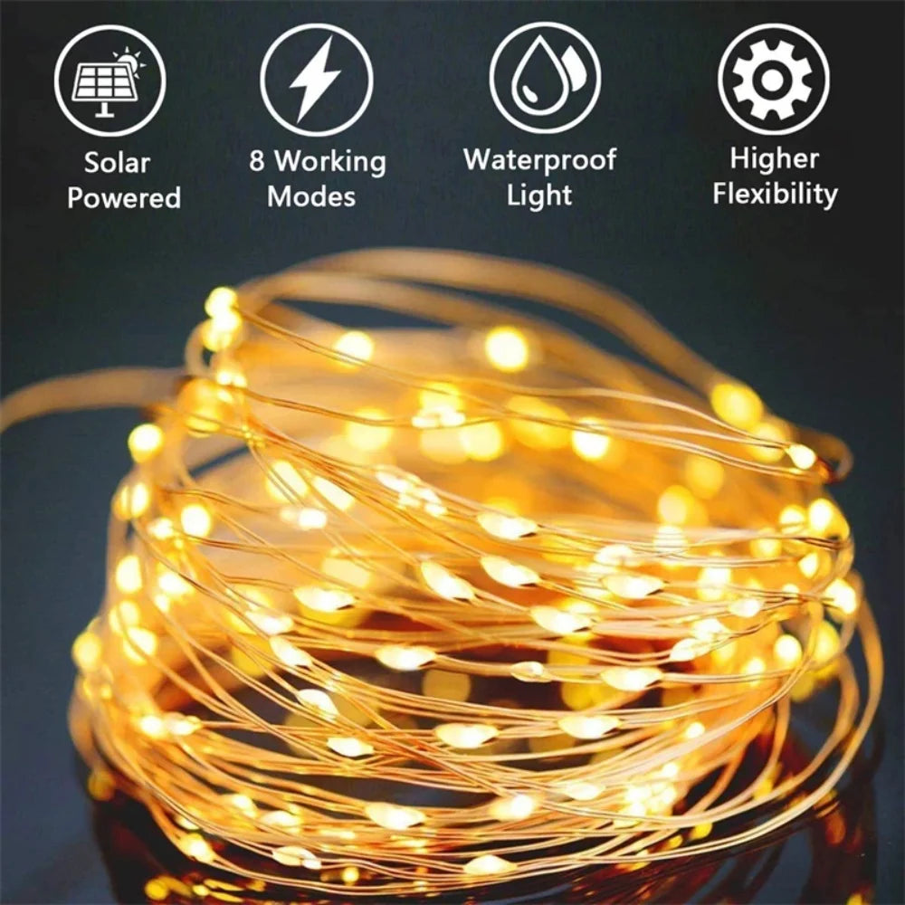 Solar Outdoor Fairy String Lights, 50-300 LED Copper Silver Wire, Waterproof, 8 Modes for Christmas & Wedding