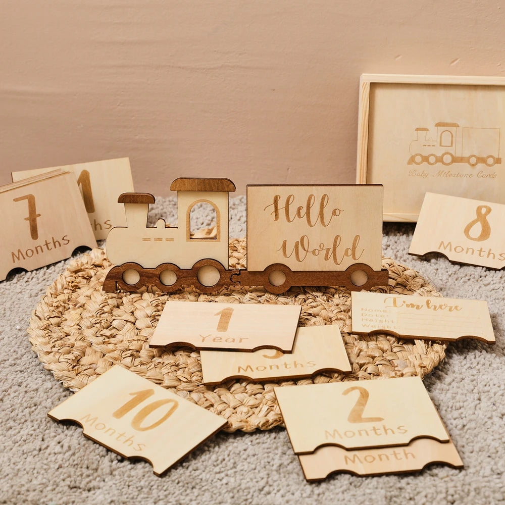 CowLost | baby-transport-accessories-wooden-baby-growth-milestone-cards-1-12-months-with-train-box-photo-props |4