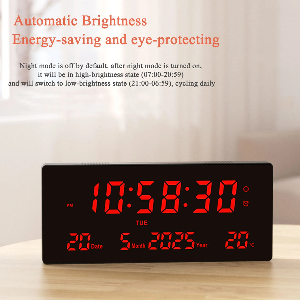 15 Inch Digital Wall Clock with Time, Date, Temperature, 3 Brightness Levels, 6 Alarms, Type-C Powered for Home Office