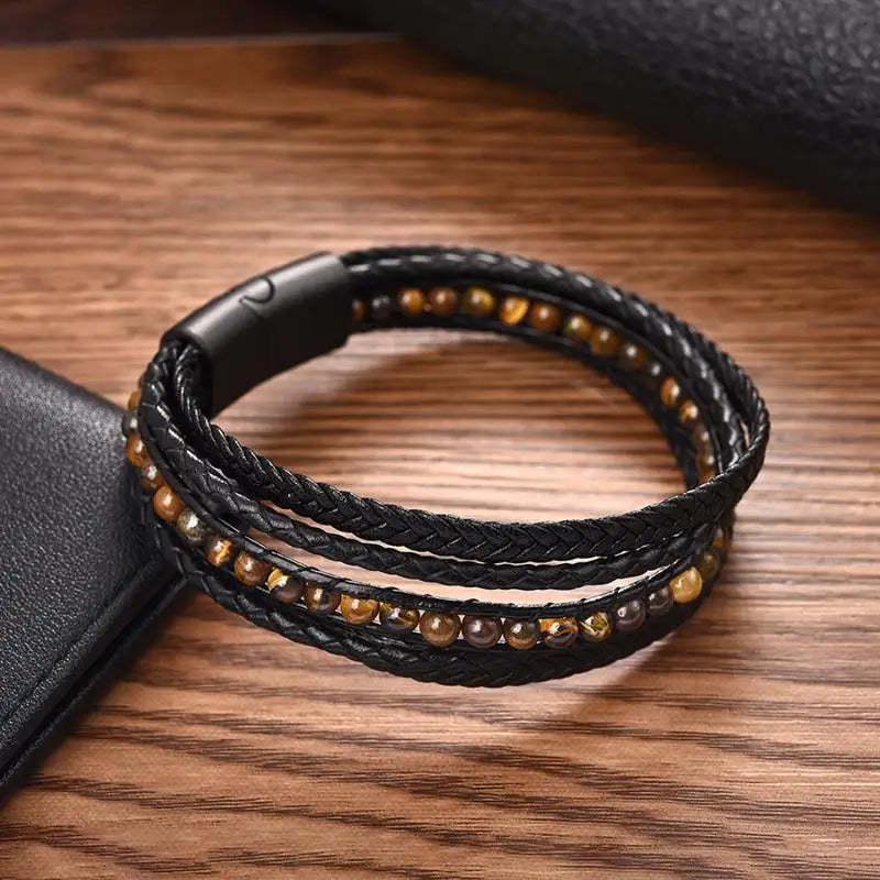 CowLost | badge-pass-holders-mens-natural-stone-beads-multilayer-leather-bracelet-with-magnetic-clasp |12