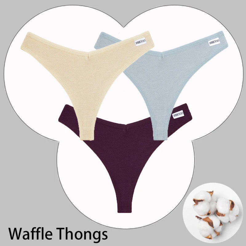 CowLost | activewear-pants-3pcs-cotton-waffle-women-s-sexy-thong-panties-set |60