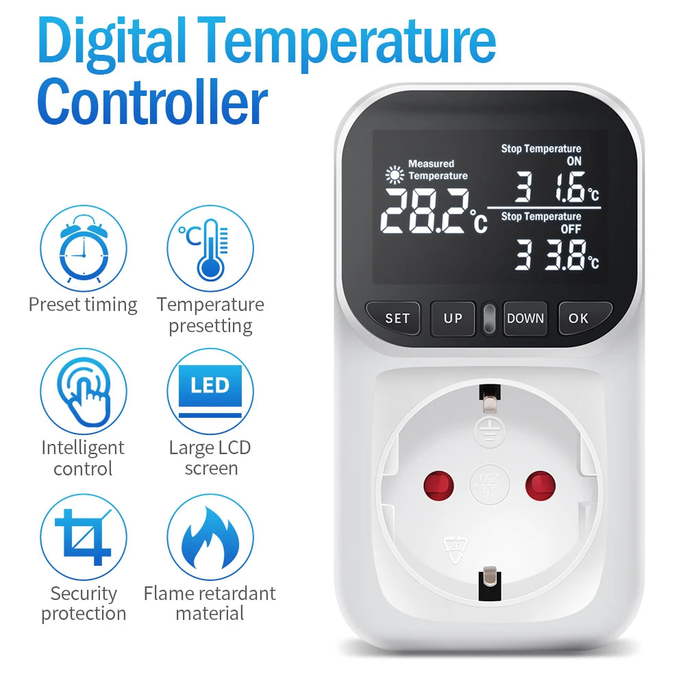 220V EU Plug Digital Temperature Controller Socket with LCD Timer Switch and Sensor