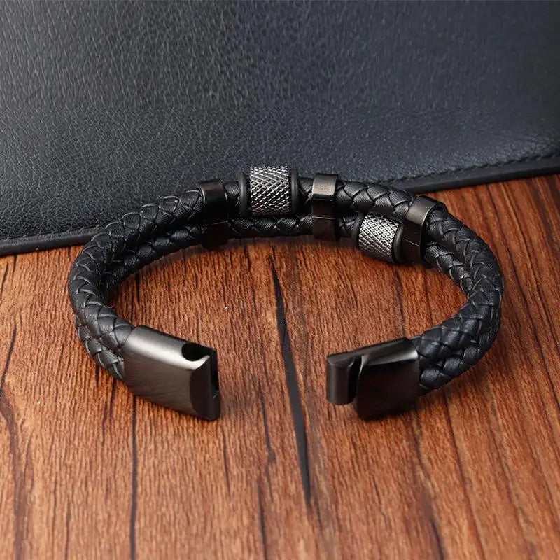 CowLost | badge-pass-holders-jiayiqi-punk-stainless-steel-leather-bracelet-for-men-with-irregular-beads |4
